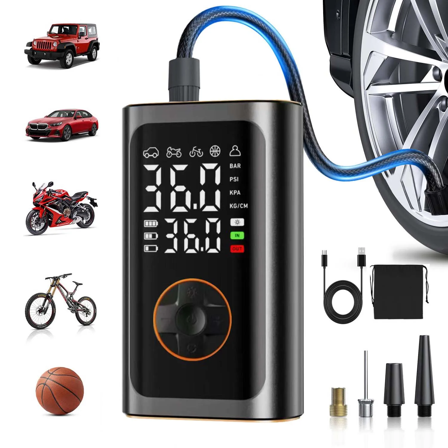 

Портативный компрессор для накачки шин - Быстродействующий беспроводной насос для автомобильных шин, электрический насос для велосипедных шин 150PSI