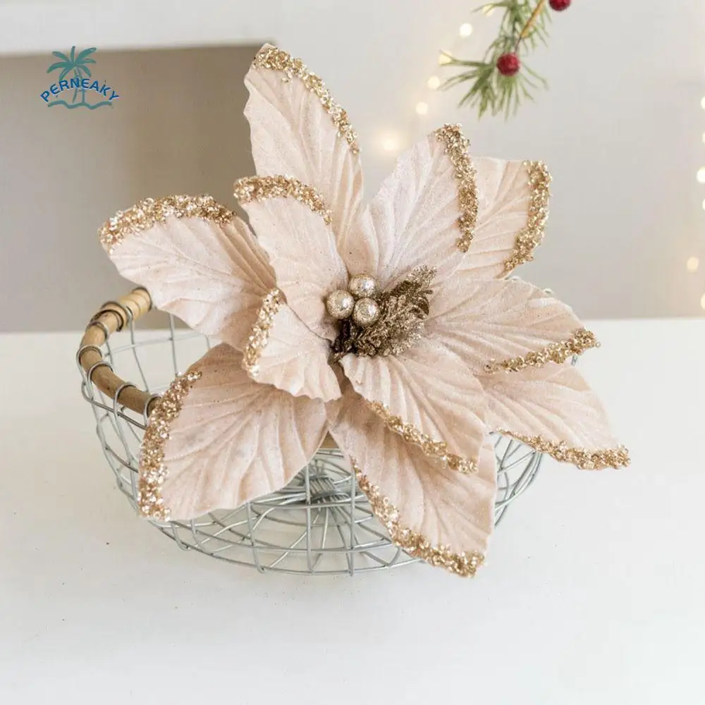 Fashion Long-lasting Glitter Christmas Flower Shiny Realistic Artificial Xmas Flowers DIY Simulation Handmade Flowers Wedding