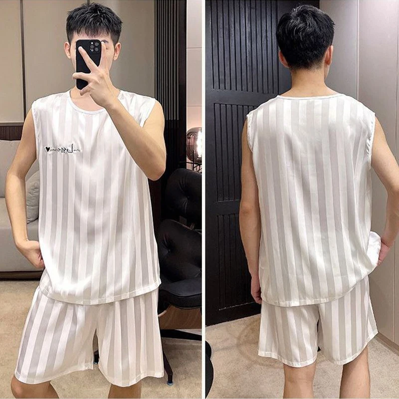 Summer Stripe Men's Pajamas Ice Silk Shorts Two Piece Sleepwear Casual Sleeveless Male Pajama Set Homewear