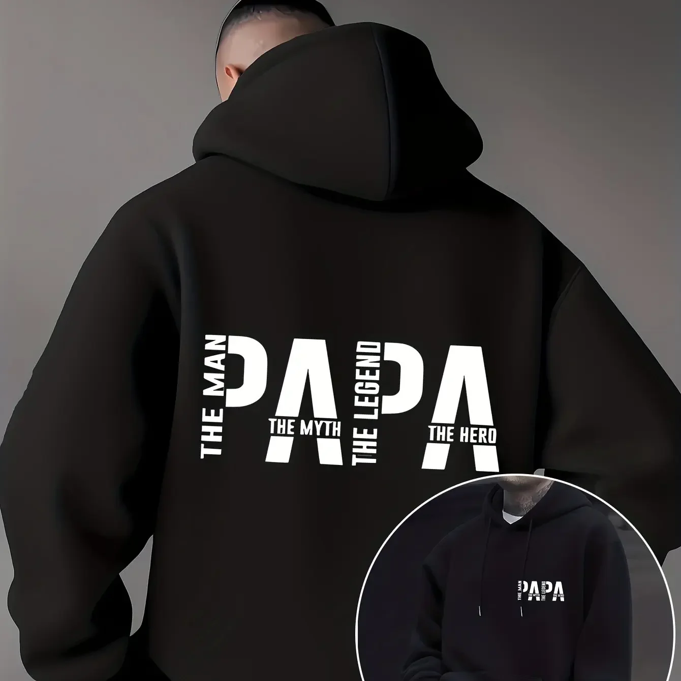 Übergroßer Herren-Hoodie mit minimalistischem, kräftigem PAPA-Text, Grafik „The Man The Myth The Hero“, weiches Fleece-Sweatshirt zum Vatertag