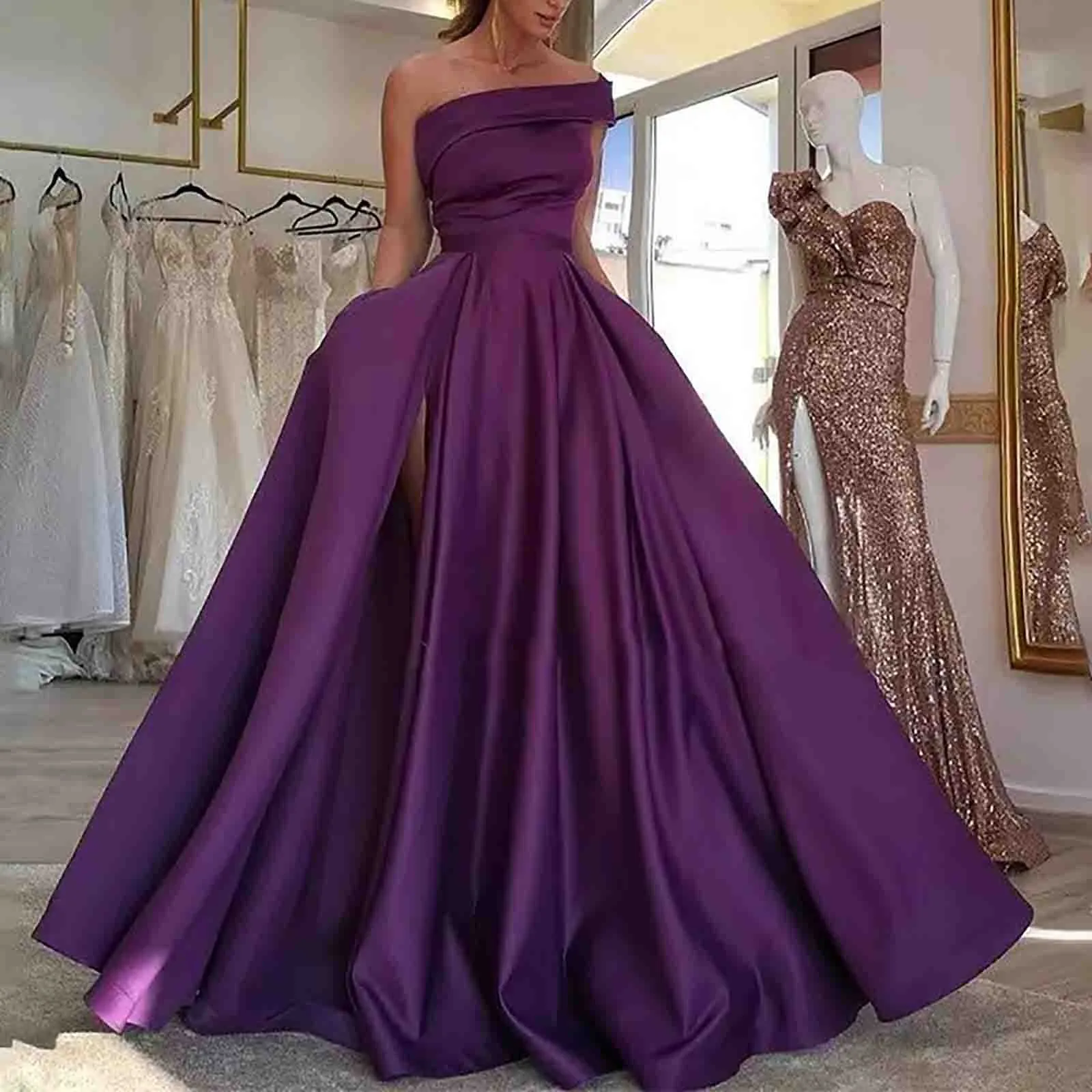 Fall Dresses For Women 2023 One Shoulder Floor Length Side Slit Solid Color Sleeveless Elegant Party Dresses Prom Evening Dress