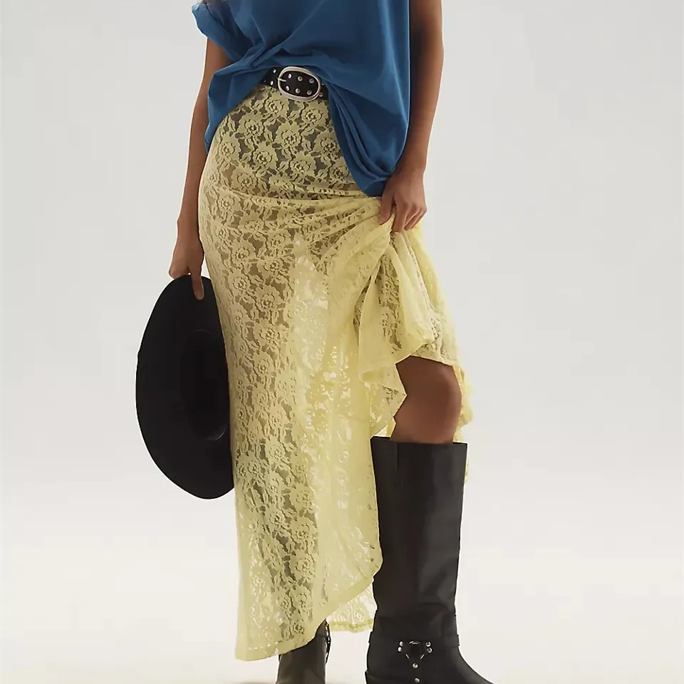 

DSMTRC Women's Mesh Sheer Lace Skirts Flower Elastic Waist See Through Causal Light Yellow Beach Cover Up Streetwear Long Skirts