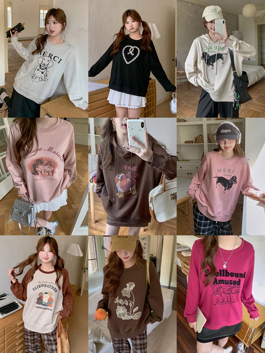 

Женская толстовка больших размеров с принтом, круглым вырезом и длинными рукавами, повседневная, свободного кроя, осенняя, комфортная, для города, в уличном стиле