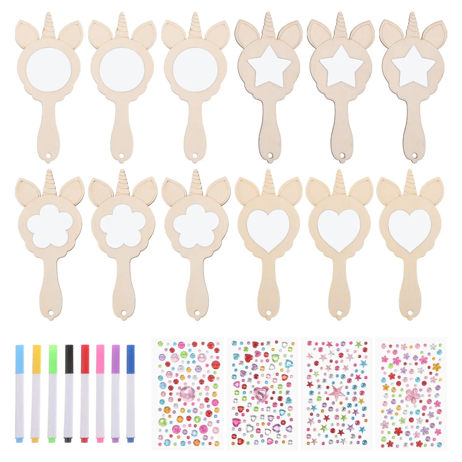 

Набор для творчества: 1 шт. неокрашенное деревянное зеркало с дизайном единорога, портативное мини-зеркало для росписи, ручное зеркальце для макияжа