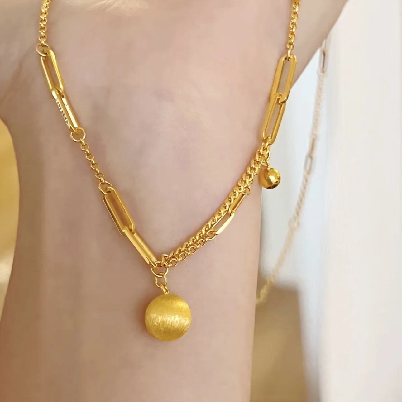 Luxury 24K 9999 Pure Gold real gold Transfer beads pendant necklace women's clavicle chain