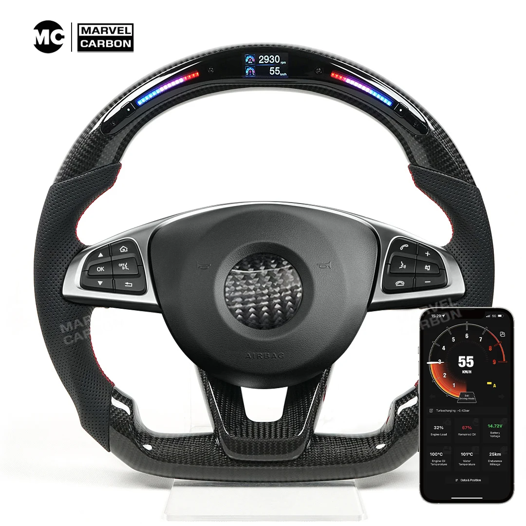 

100% Real Carbon Fiber LED Performance Steering Wheel For Mercedes Benz Punched Leather Mobile Phone Connection APP Control