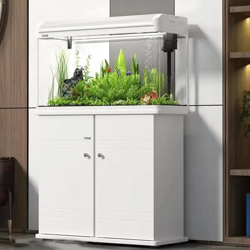 Modern Black Glass Aquarium Fish Tank with Cabinet Stand & LED Light, Complete Aquarium Kit with Storage Cabinet for Home