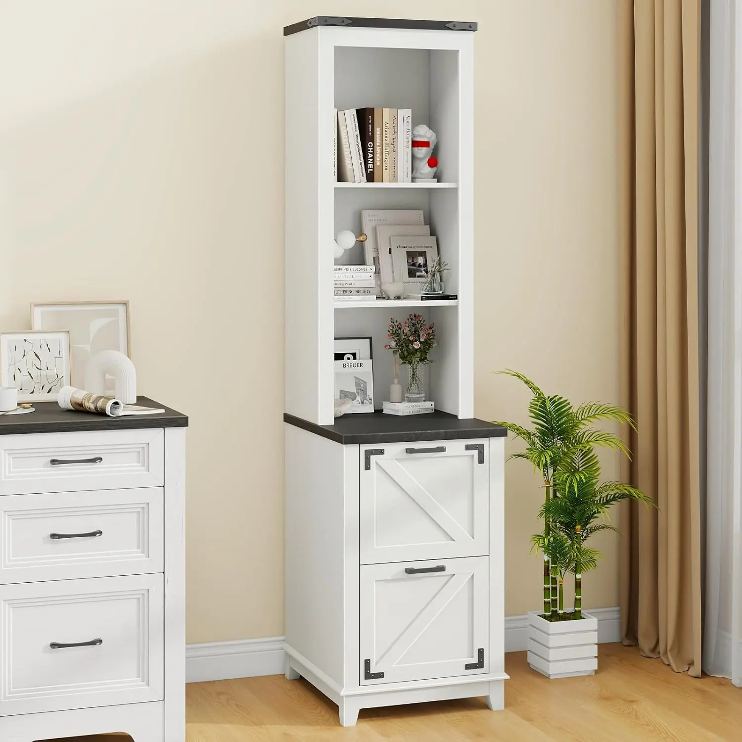 Tall Farmhouse Bookcase with 3-Tier Open Shelves & 2 Drawers, Wood Storage Cabinet for Home Office, Black, Customized