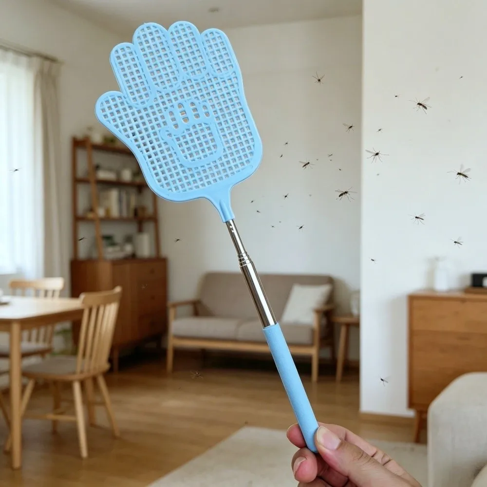 Extendable Retractable Fly Swatter Stainless Steel Handle Hand Shaped Extendable Mosquito Swatter Macaron Color Dense Mesh