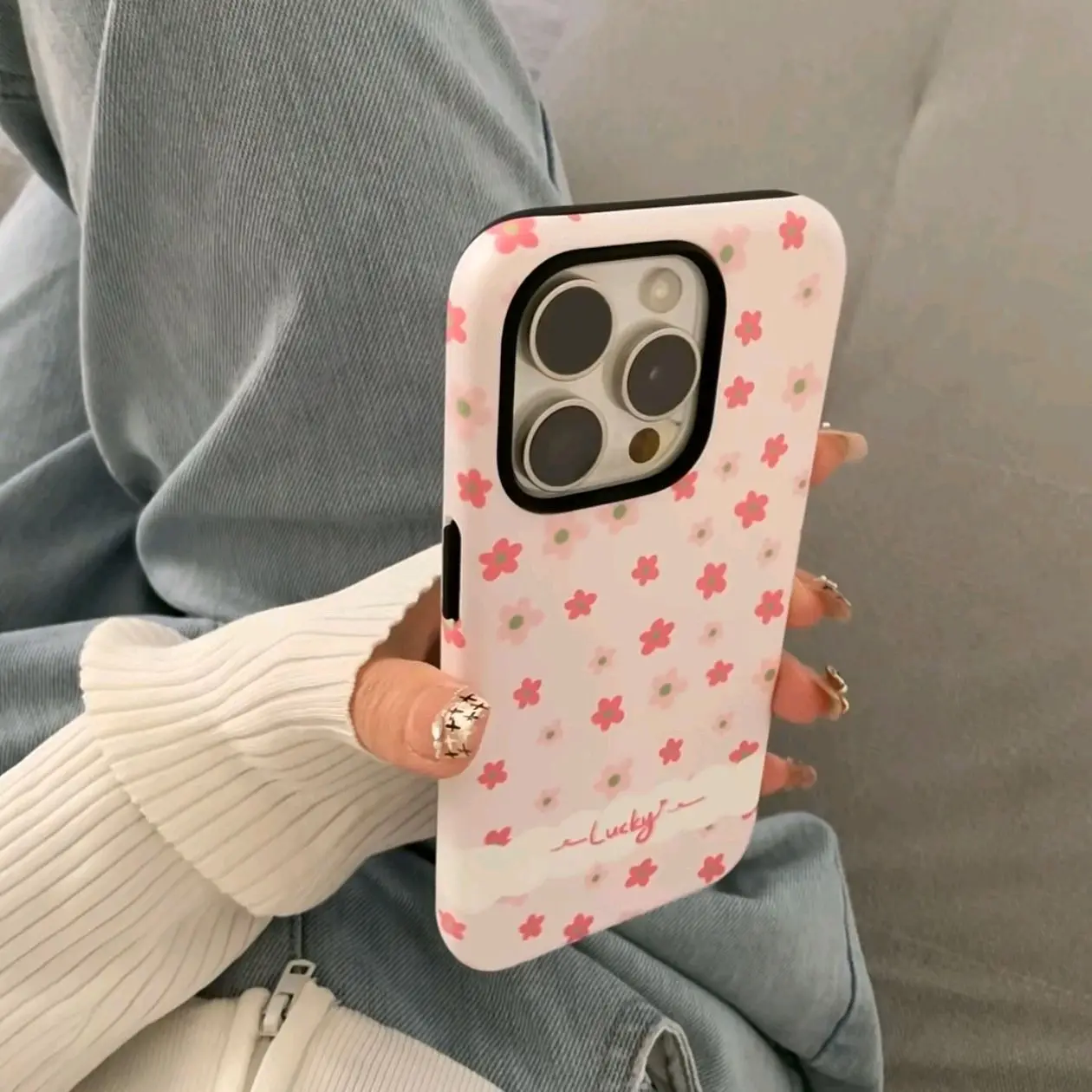 الكورية Ins الصغيرة الوردي الزهور كلمة محظوظ قضية الهاتف آيفون 16 15 14 13 برو ماكس 12 11 الغطاء الخلفي صندوق #4