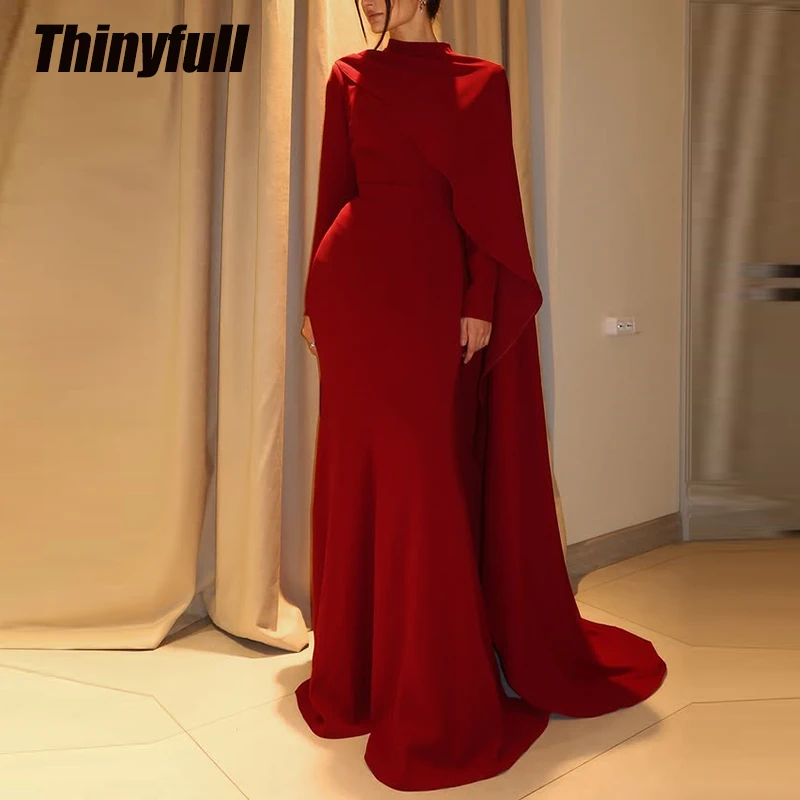 

Thinyfull Mermaid Satin Prom Dresses High Neck Full Sleeves Evening Gown with Jacket Formal Dress robes de soirée Customized