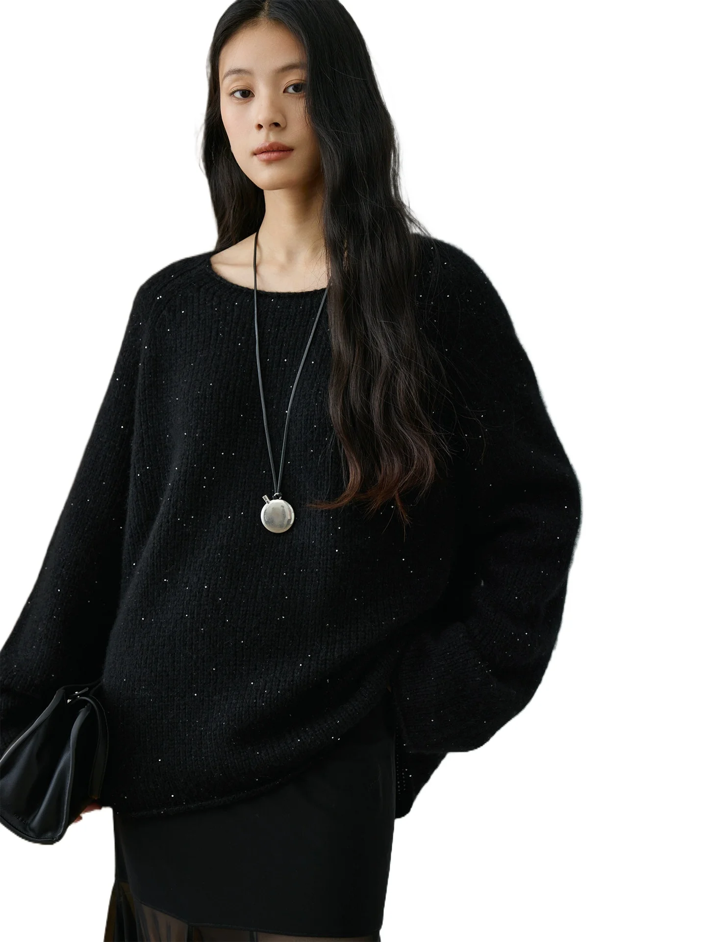 

Изысканный вязаный свитер из шелка и кашемира с бисером, воротник-лодочка, силуэт с оборками