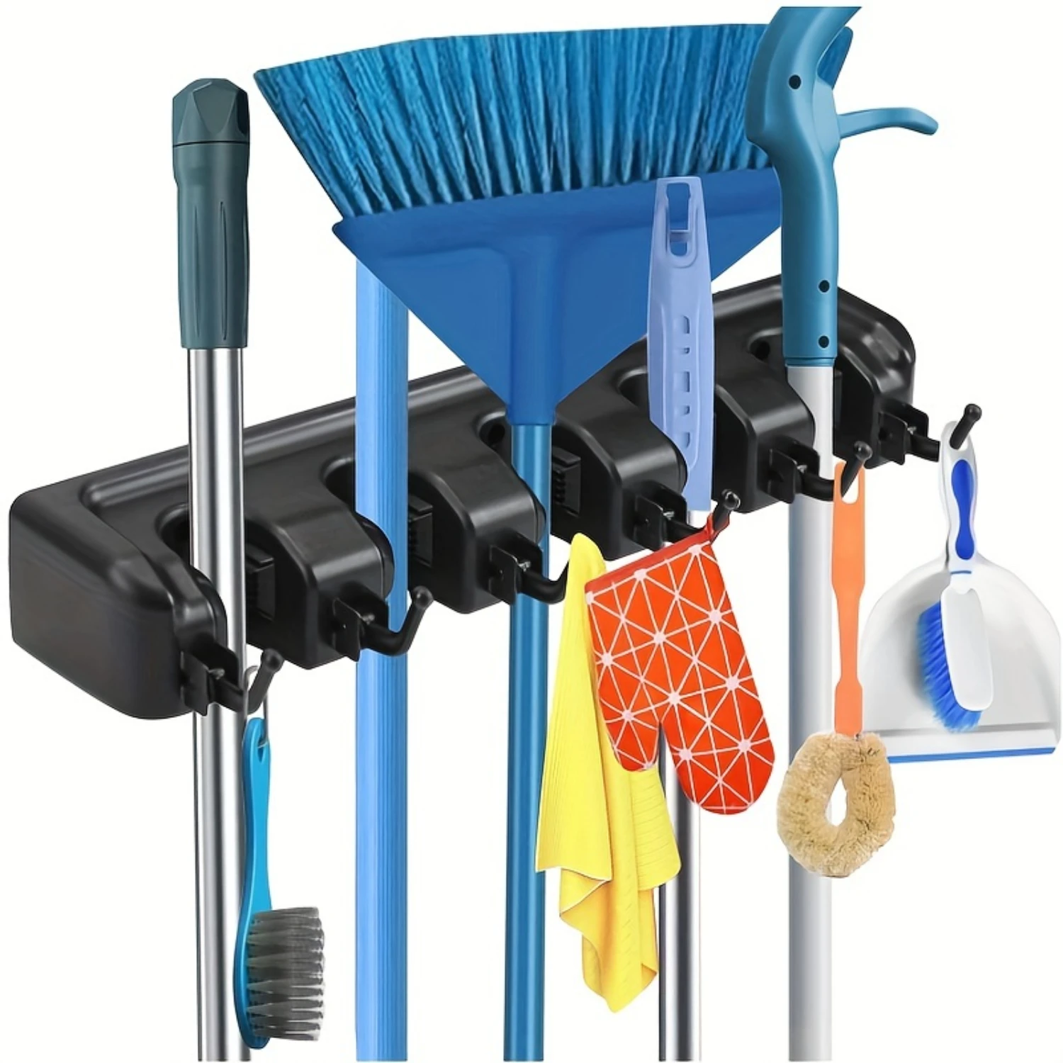 

Wall Mounted Broom and Mop Holder, 5 Slots with 6 , Plastic Garden Tool Organizer, Garage Rack for Cleaning Supplies, No Power