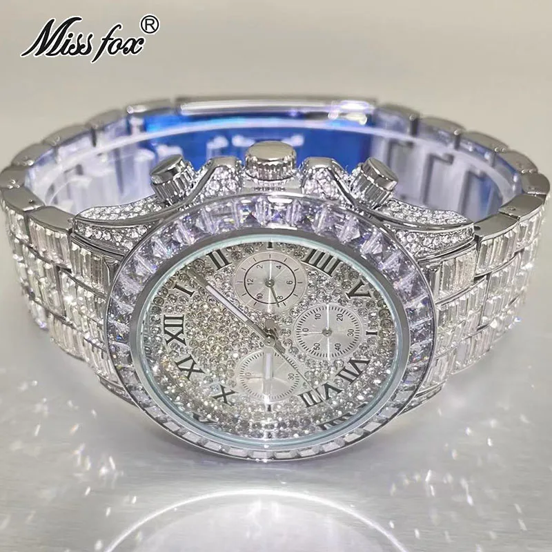 Fashion Watch For Men Brand MISSFOX Luxury Rainbow Square Diamond Wrist Watches Iced Out Jewelry Quartz Clocks Male Reloj Hombre