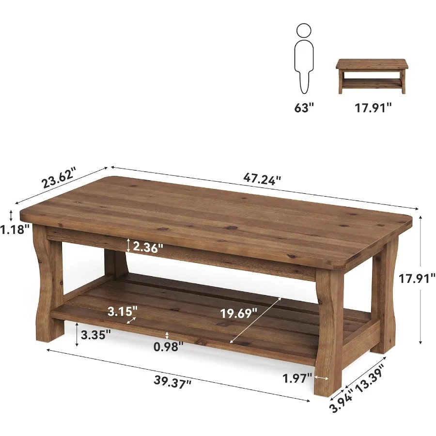 47 Solid Wood Coffee Table for Living Room, Natural Brown Rectangle Center Table with 2-Tier Storage Shelf, Modern Farmhouse St