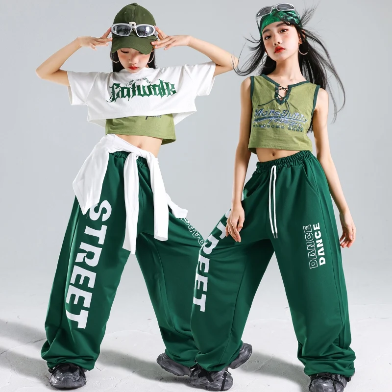 Abbigliamento da ballo jazz Ragazze Hip Hop Costumi di danza di strada Crop Top Shuffle Pantaloni Bianco Verde Abito alla moda Kpop Stage Outfit AMY1947