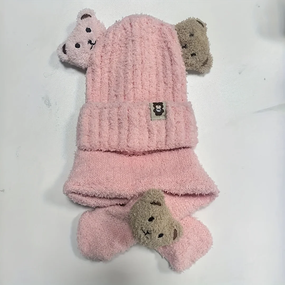 Winter Warmth Pet Dog Outfit - Soft Plush Hat with Bear Scarf, Lined, Cartoon Bear Design, Beige/Brown/Yellow - Suitable for Pom