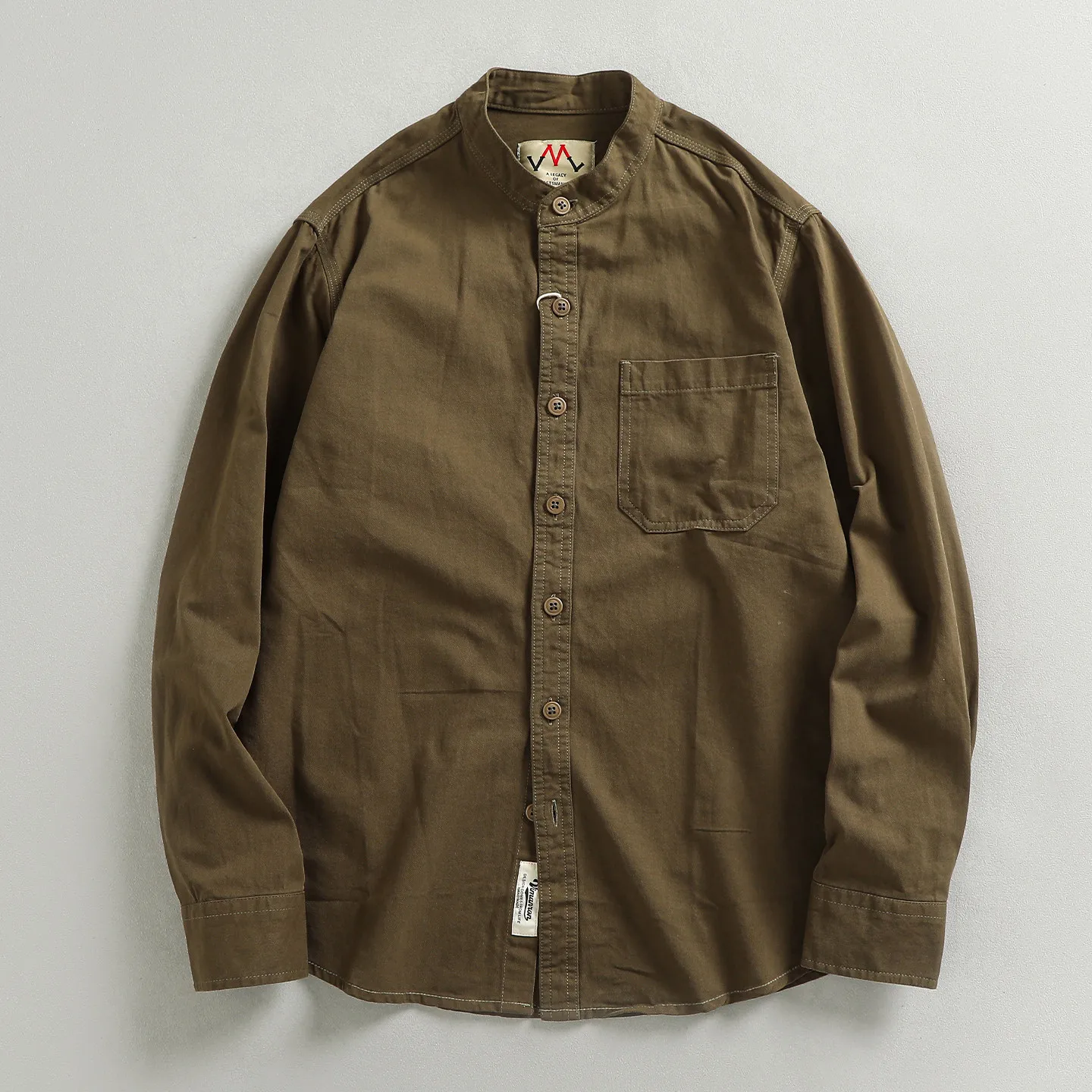 

Ретро американская модная маленькая мужская рубашка с воротником-стойкой из стираного хлопка, удобная посадка, универсальная, с длинными рукавами