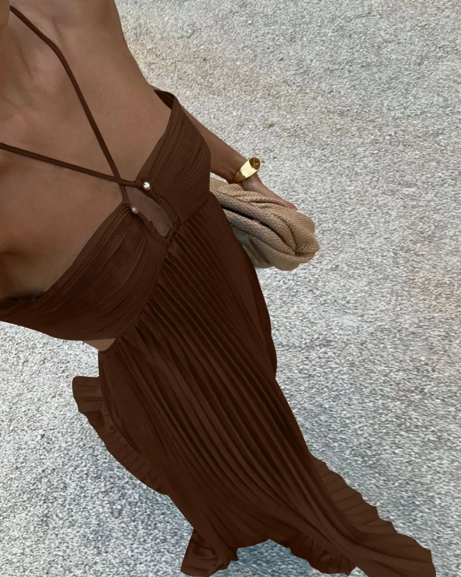 Blue Pleated Halter Long Dress Women's Solid Sleeveless Backless Lace-up Maxi Dress Summer Beach Vacation Evening Party Vestidos