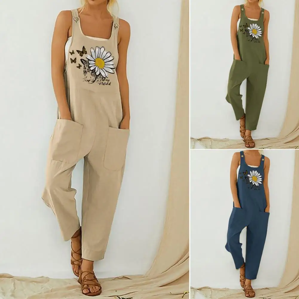 

Women Jumpsuit Summer Flower Butterflies Print Long Romper Dual Pockets Button Straps Sleeveless Casual Pants Overall Daily Wear