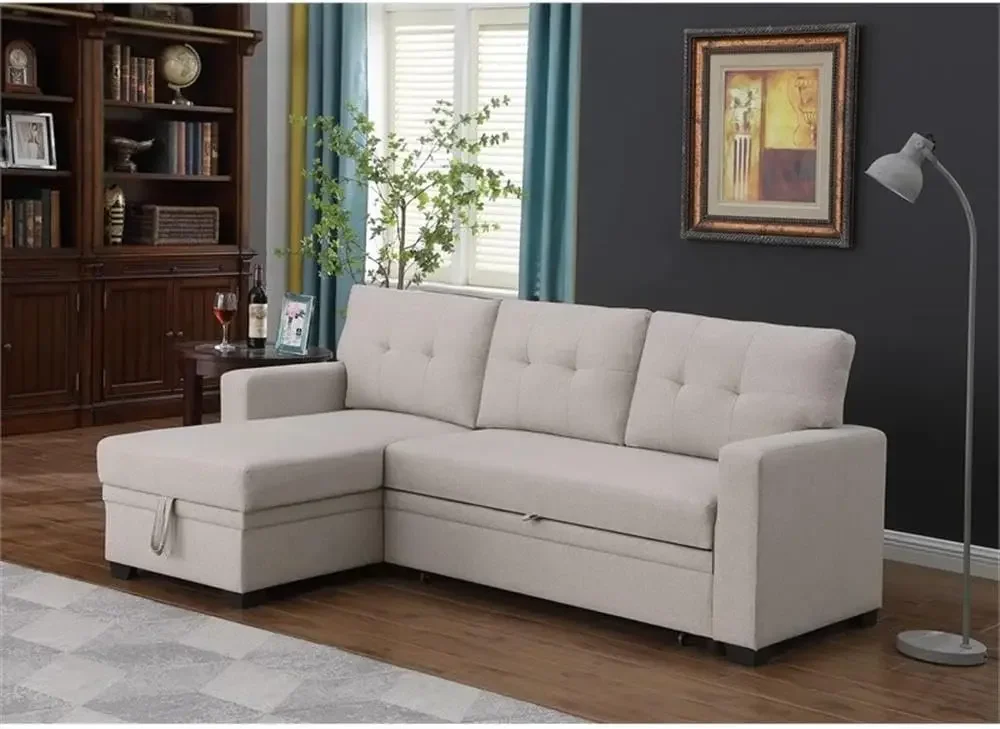 L-Shaped Polyester Fabric Reversible, Easy Convertible Pull-Out Sleeper Sectional Sofa/Storage Chaise with Tufted Back Cushions