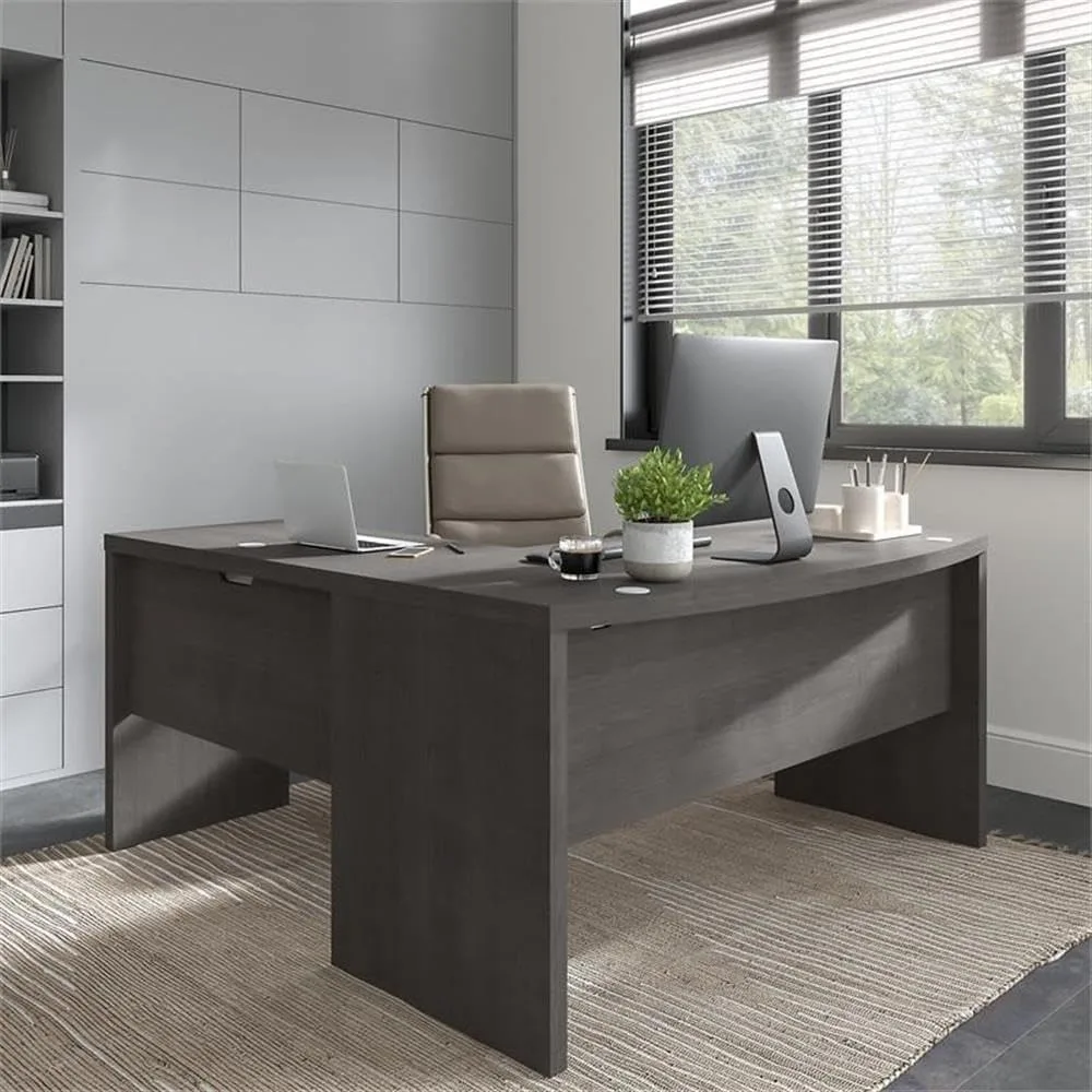 L Shaped Bow Front Office Desk in Charcoal Maple, Modern Computer Table for Home or Professional Workspace,Office Desks