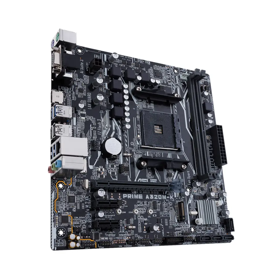 لوحة أم ASUS PRIME A320M-K تدعم معالجات AMD AM4 مثل R5 5600 و 3500X و R7 5700X و 1800X و R3 3200G و R9 5950X مع 4 منافذ DDR4 بسعة 128 جيجابايت ومنافذ HDMI و DVI بحجم mATX - 4