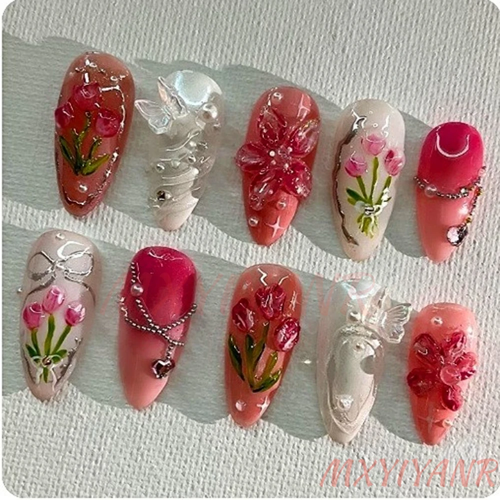 10Pcs Manicure Handmade Art Press on Nails Medium Almond & Coffin Pattern ABS Nails Cute 3D Style Design Nail with Set