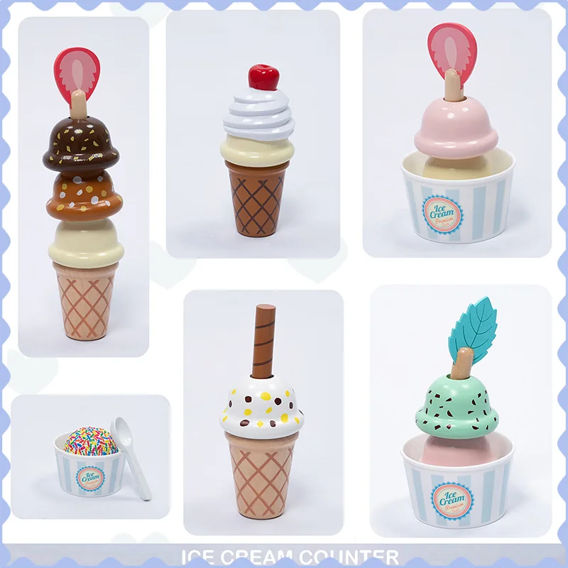 Wooden Play House Children's Simulation Ice Cream Counter Maker Cake Cone Dinner Food Miniatures Kitchen Game for Girls Toy Set