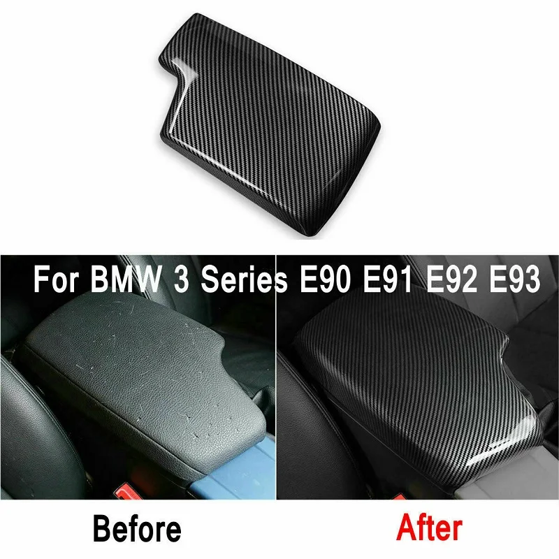 Carbon Fiber Grain Armrest Cover Center Console Pad For BMW 3 Series E90 E91 E92 E93