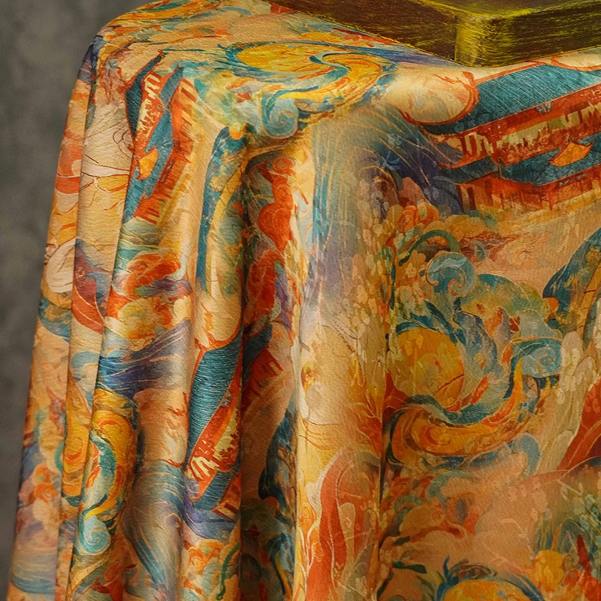 Chinese Dunhuang Mural Print Satin Fabric Polyester Vintage Cloud Pavilion for Qipao Dress Clothing Home Decoration Textile