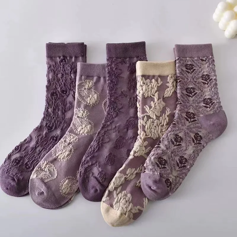 5 Pairs of New Fashion Trend Soft and Comfortable Retro Three-Dimensional Relief Purple Women\'s Socks