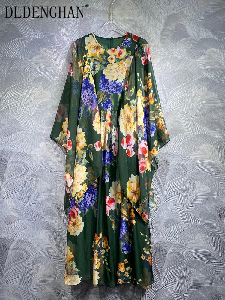 

DLDENGHAN Summer Chiffon Dress Women's O-Neck Flare Sleeve Floral Print Bohemian Long Dresses Fashion Designer New