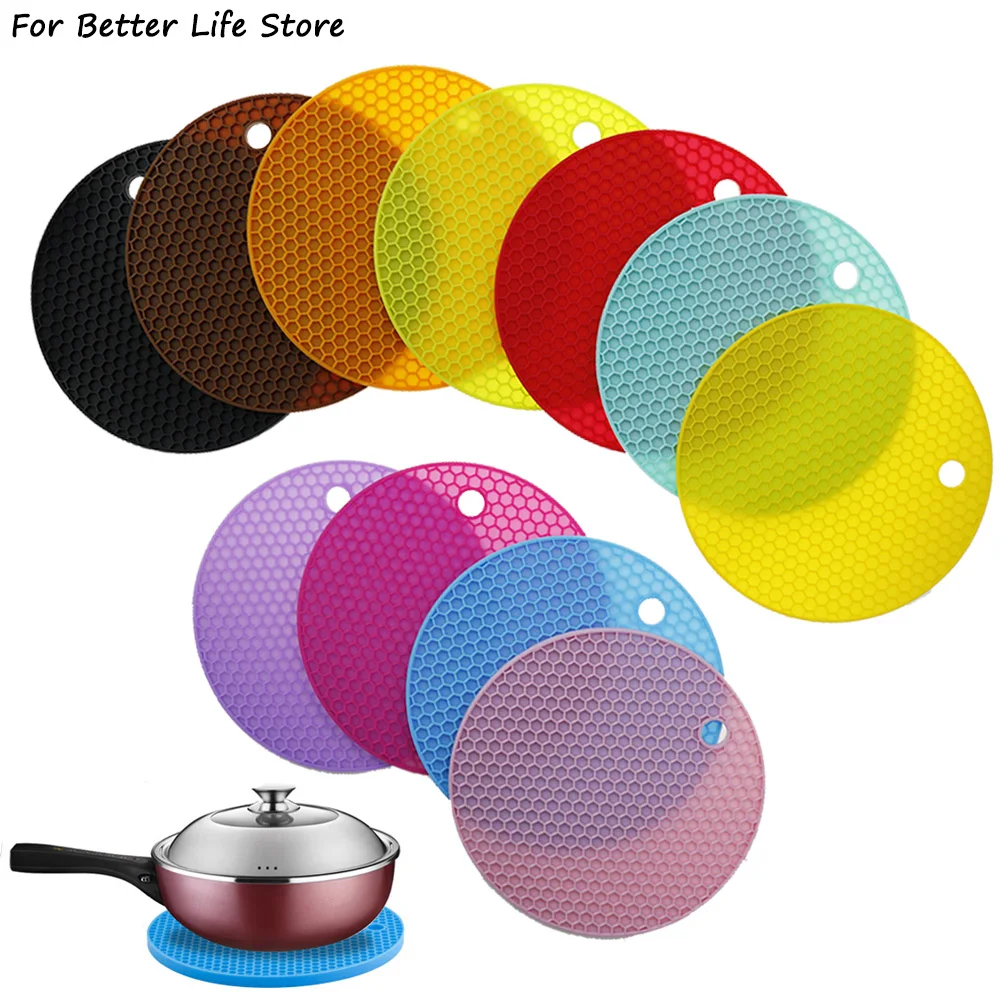 1Pc 14.3CM 32G Silicone Circular Honeycomb Design Mat Thickened Anti-slip Heat Insulation Hanging Storage To Save Space