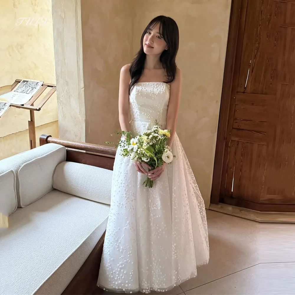 

TULX Simple Ivory Lace Wedding Dress Korea Photo Shoot Strapless A line Ankle Length Bridal Gowns Corset Customized 웨딩드레스