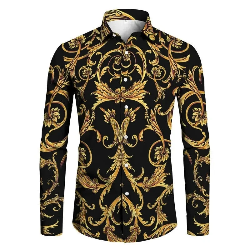 Men's Black Luxury Gold European Floral Scroll Print Long Sleeve 3D Shirt Turn Down Collar Club Party Evening Casual Shirts