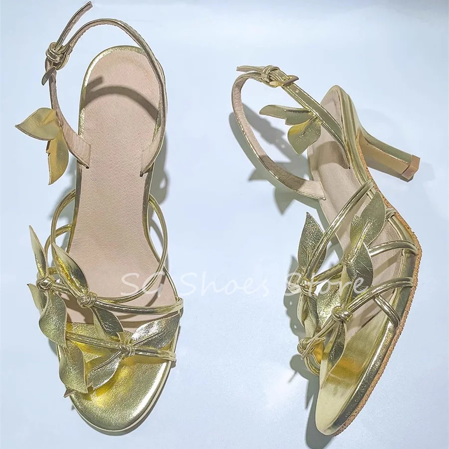 Gold Leaves Narrow Band Cross Strap Women Hight Heels Sexy Pointed Toe Thin Heel Transparent Sandals Ladies Party Dress Pumps