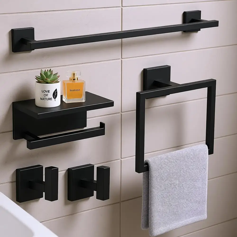 

Настенный набор аксессуаров для ванной комнаты из нержавеющей стали черного цвета (23,6 дюйма): полотенцедержатель, держатель для туалетной бумаги и полка