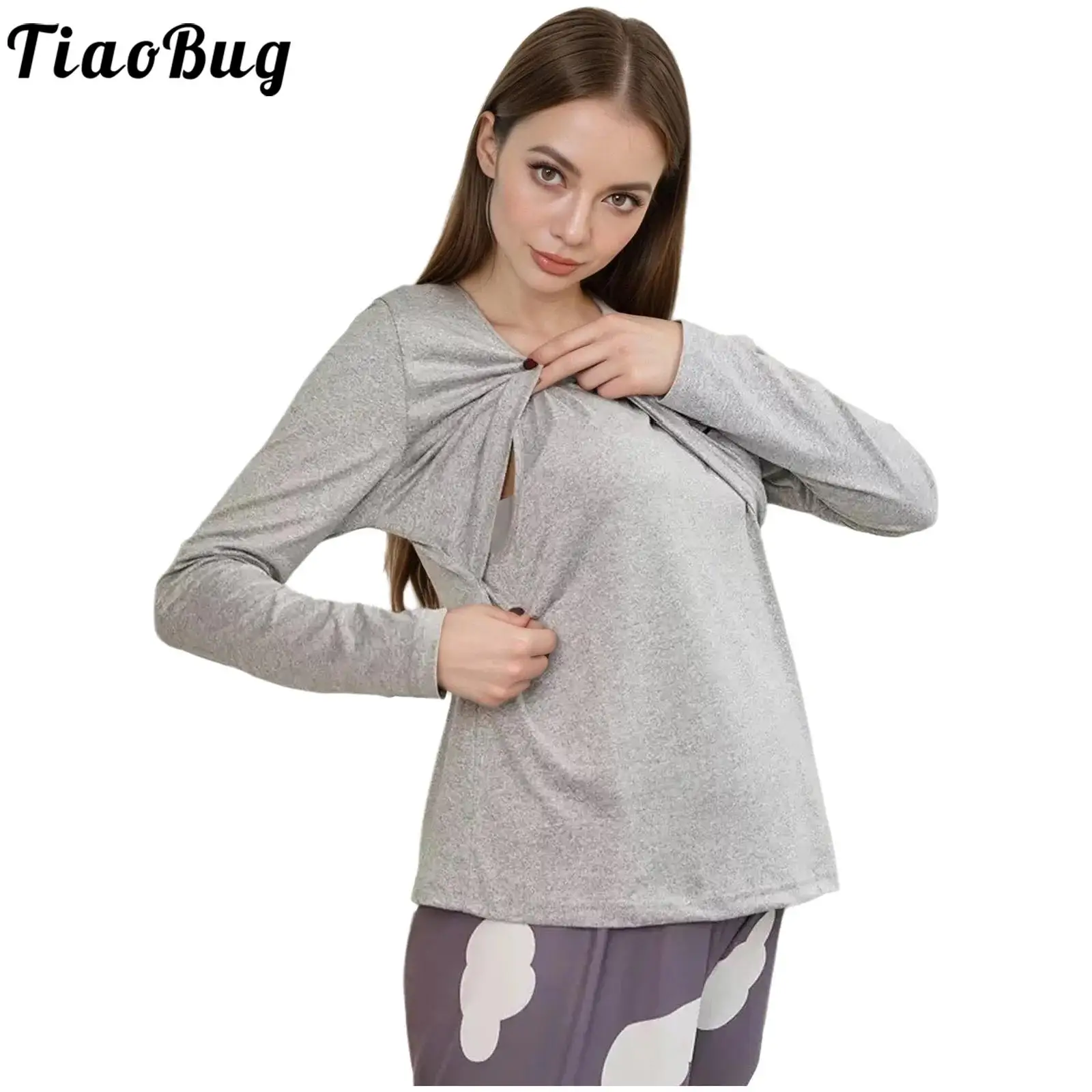 Women Nursing Shirts Tops Postpartum Clothes Long Sleeve Round Neck Double Layer Tee Pregnancy Maternity Breastfeeding T-shirt