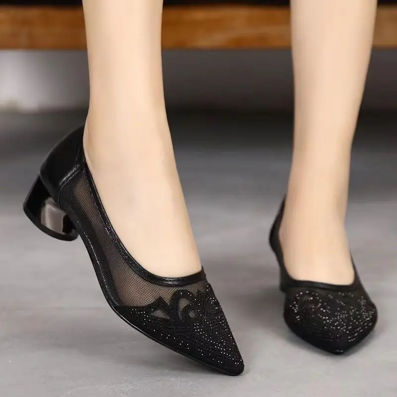 FHC 2024 Spring New Soft Mesh Shoes,Women Low Heels,Lace Hollow Out,Pointed Toe,Slip On,Black,Gold,Size 35-40,Dropship