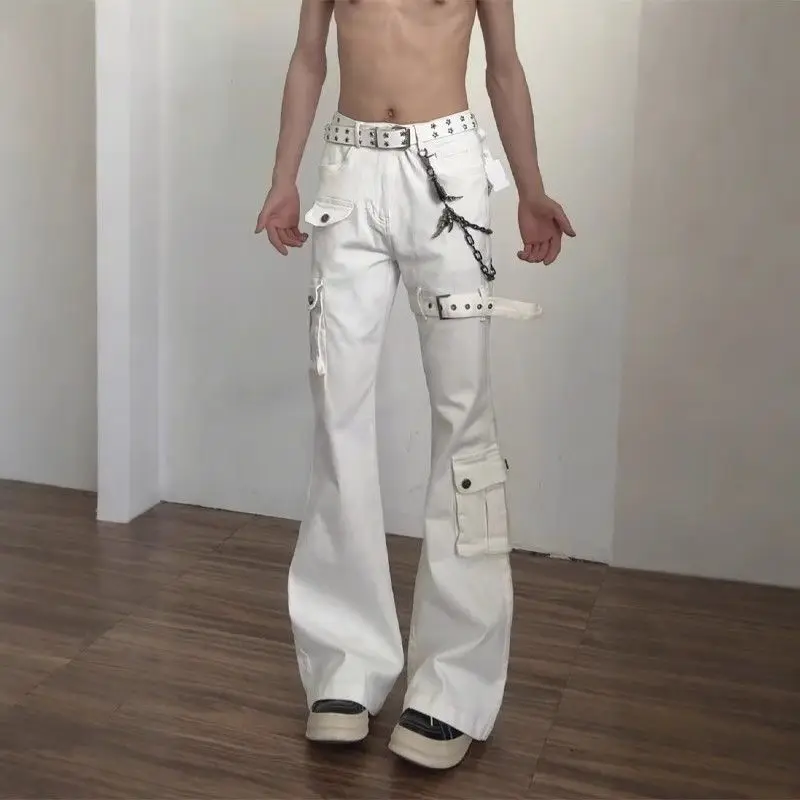 

Foufurieux White Washed Strap Gun Holster High Waist Jeans Men Summer American High Street Flim Fit Flared Cargo Pants for Men