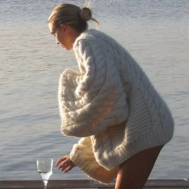 

Vintage Knitted Sweater Women Elegant Casual Oversize Pullover Long Sleeve Autumn Winter Solid Lady Twist Sweater Loose
