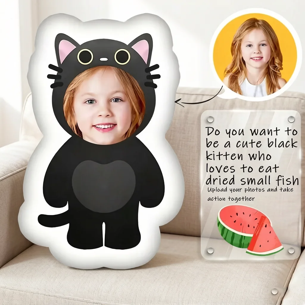 Customizable Black Cat Face Plush Pillow with Personalized Photo Design, Made of Soft Polyester Fiber