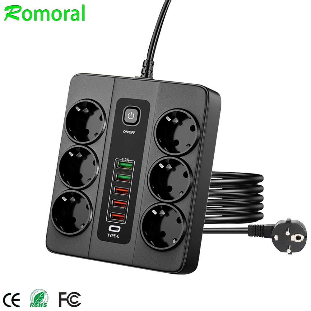 EU Plug Power Strip with 6 AC Outlets 5 USB Port 1 Type C Power Extension Cable Multi Socket Network Filte with Switch for Home