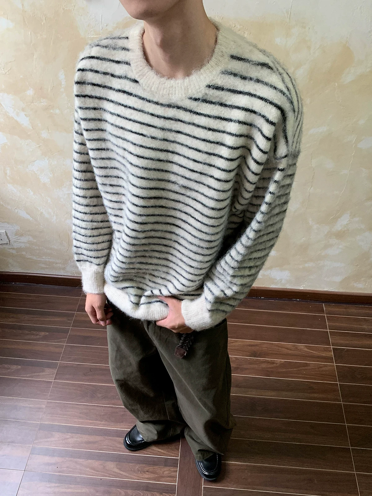 Soft Cozy Men's Oversized round Neck Knitted Sweater Autumn Winter Stripe Color Block Trendy Neutral Style Versatile Casual C...