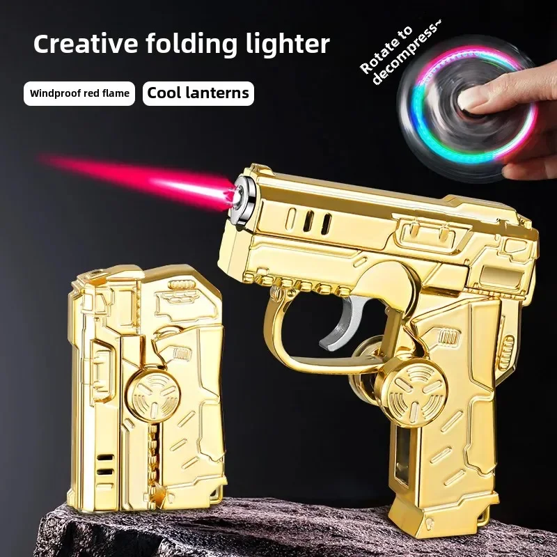 Multifunctional Foldable Dual-Form Decompression Gyro Gun Lighter, Creative Transformable Design, Windproof Red Flame Lighters