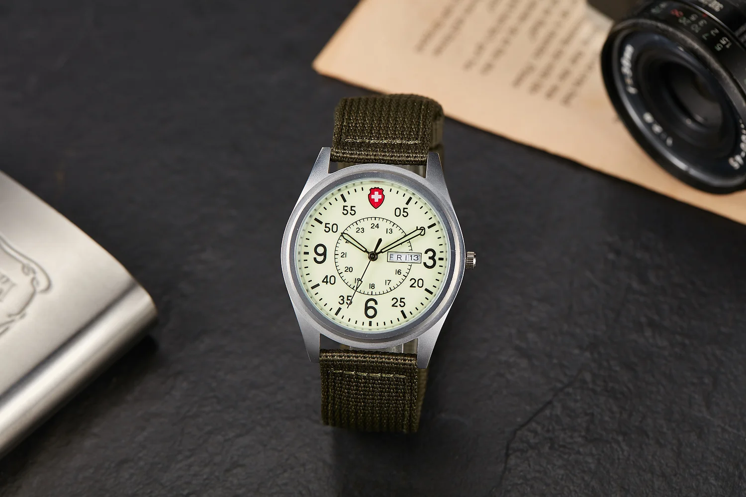 Men's Quartz Watch Military Style Luminous Dial Nylon Strap Waterproof Date Week Display Casual Sports Watch for Men