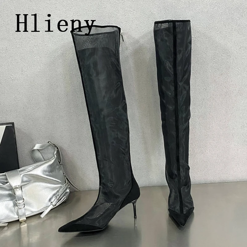 Hlieny Spring Sexy Fashion Mesh Women Knee-High Boots Very Light Comfort Thin High Heels Pointed Toe Dancing Sandals Shoes