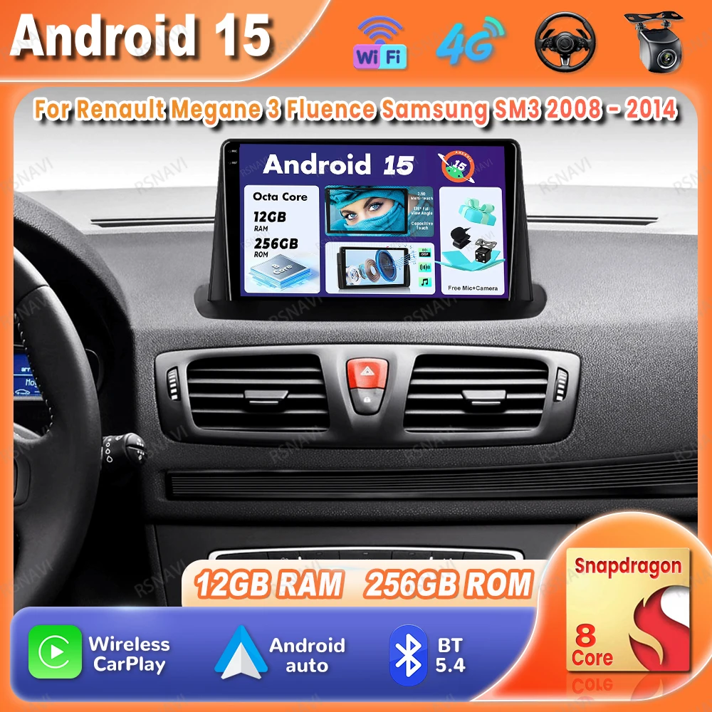 

Автомобильный радиоприемник Android 15 для Renault Megane 3 Fluence Samsung SM3 2008-2014 Беспроводной Carplay Auto Qualcomm Авторадио BT DSP 4G LTE
