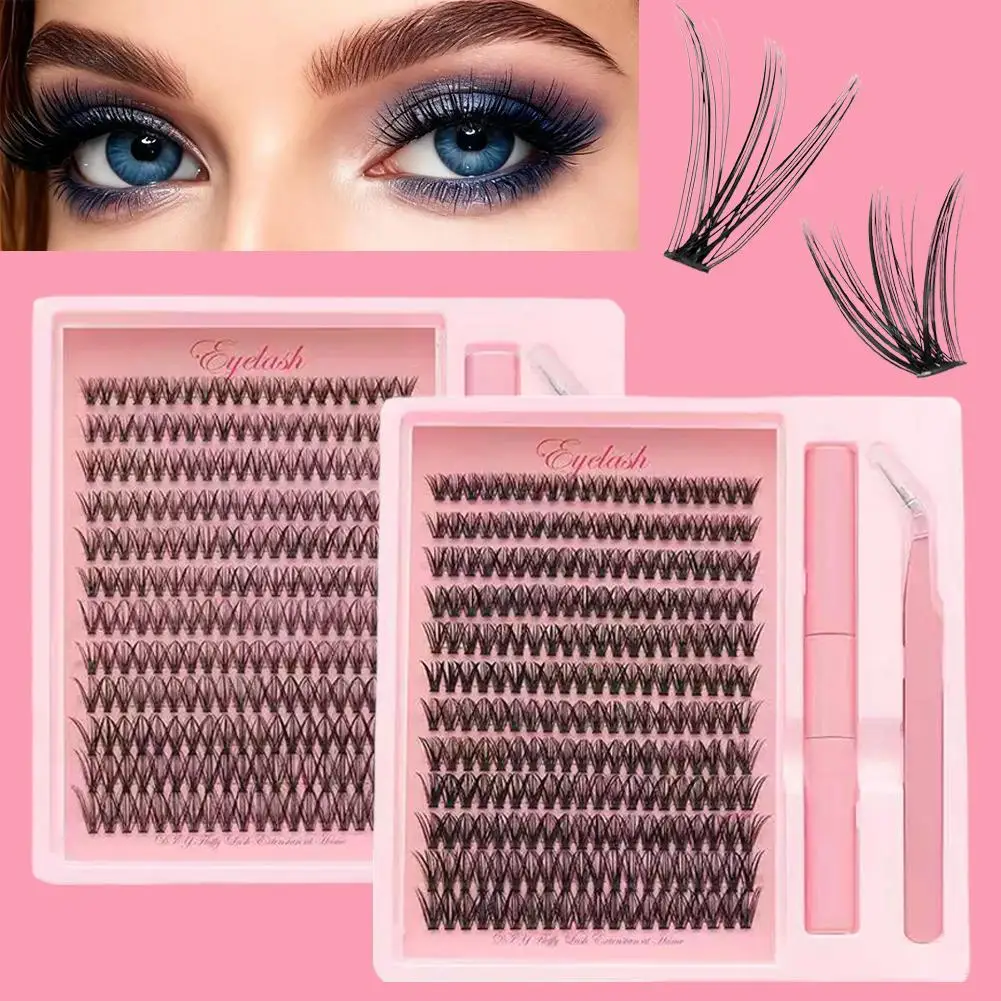 Kit de grupos de pestañas, 12 filas D, pestañas rizadas, kit de extensión de pestañas DIY con unión de pestañas y pinzas (kit 30D 40D 9-16 mm)